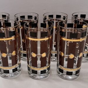 Hazel Atlas MCM Atomic set of 7 Black Gold & Brown 22k Tumblers Tom Collins